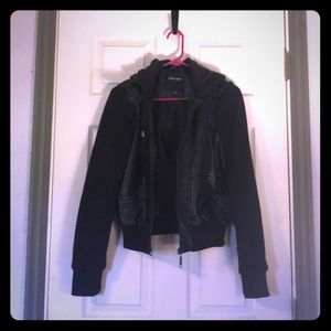 Fake leather and sweatshirt jacket with hood